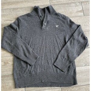 American Eagle Sweater Mens XL Gray Charcoal 1/4 Zip Buttons Athletic Fit